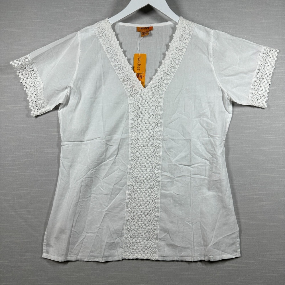 Sakkas Top Womans XL White Casual Boho Lightweight‎ Lace Casual Minimalist Sheer